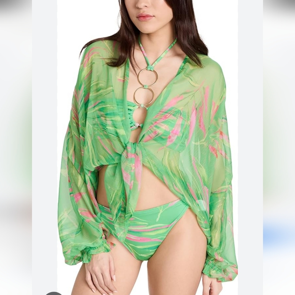 Ramy Brook Green and Pink Sheer Swim Cover Up.  G7 - Picture 5 of 9
